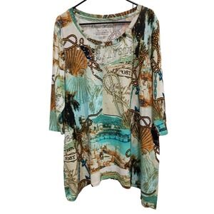 Onque Clothing Womens Wearable Art Tunic Top Size 1X Abstract 3/4 Sleeve Novelty
